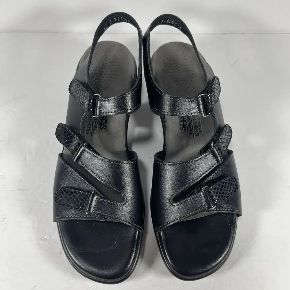 SAS Duo Women’s Black Leather Comfort Sandals Triple Strap Slides Size 8.5